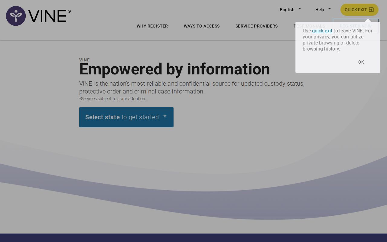 VINELink registration screen for phone email or text custody alerts