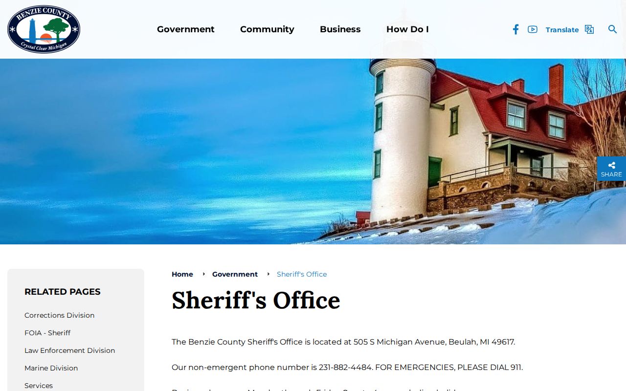Official Benzie County Sheriff contact page for same-day arrest verification