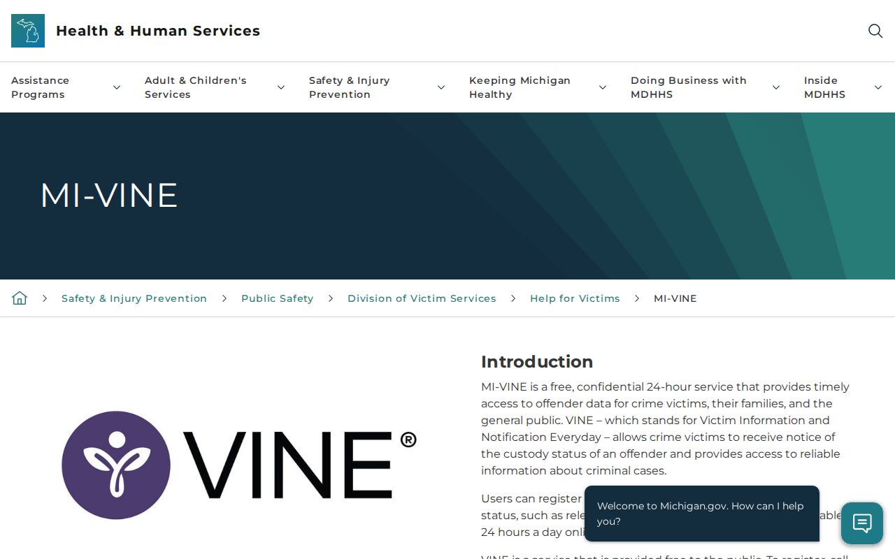 Official Michigan MI-VINE custody notification information