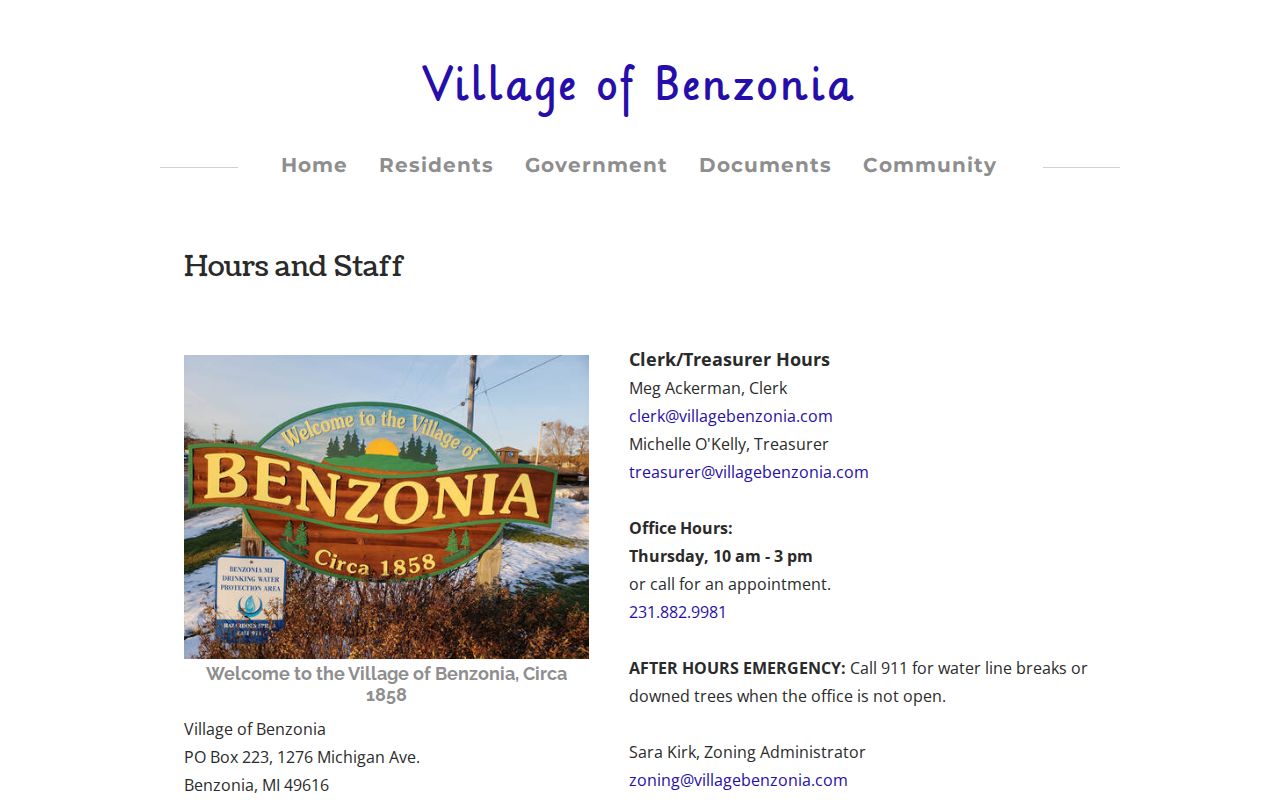 Official Village of Benzonia contact page directing after-hours emergencies to the Benzie County Sheriff
